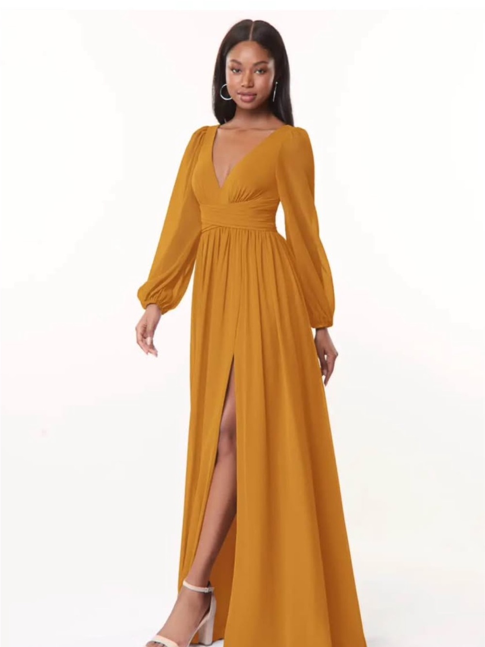 Azazie Long Sleeve V-Neck Maxi Dress in Mustard